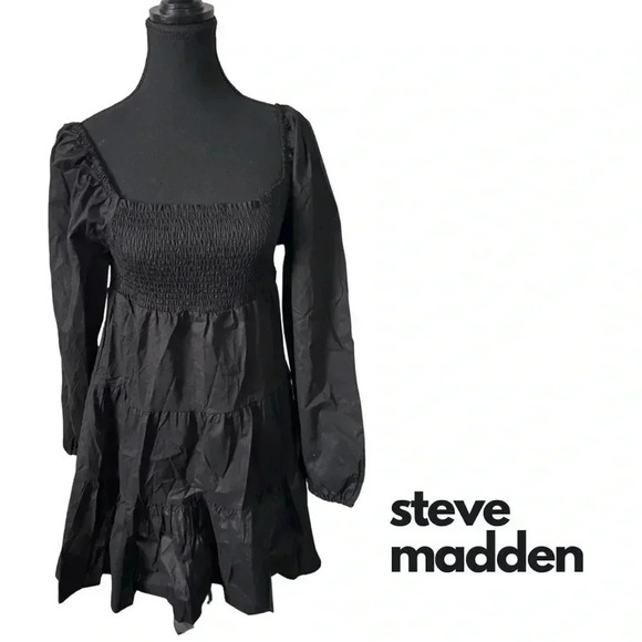 Steve Madden  | Black Smocked Puff Sleeved Peasant Mini Dress | Size M [24] - Picture 1 of 7